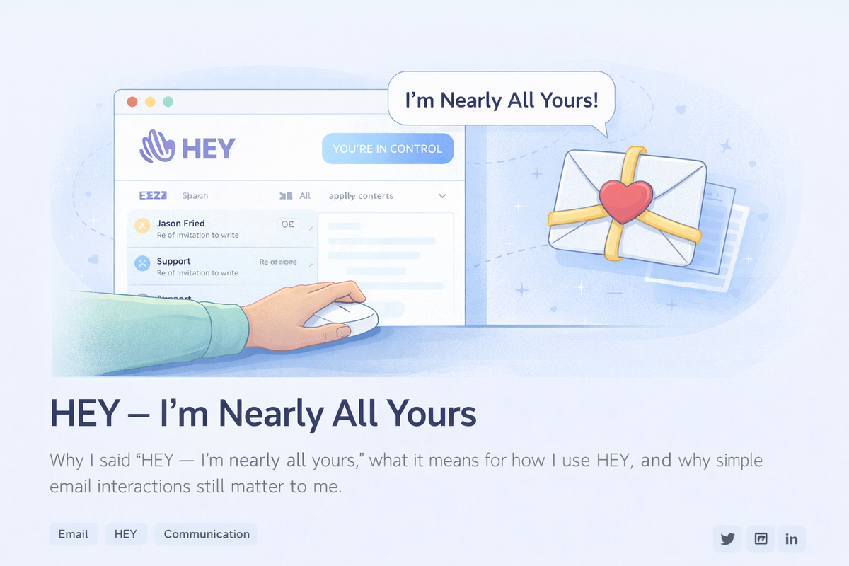 Illustration showing the HEY email inbox alongside a message symbolising near-loyalty to the service