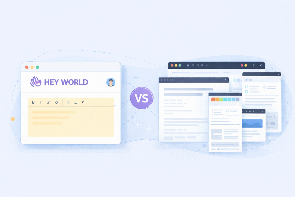 Minimal illustration showing a simple writing interface contrasted with more complex publishing tools
