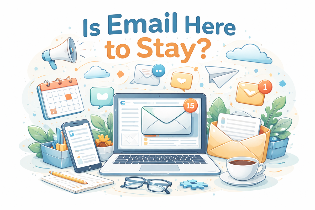 Illustration showing modern email use across laptops, phones, and digital tools