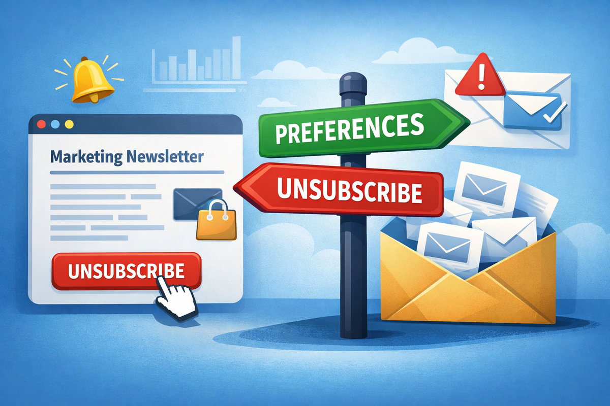 Illustration showing a marketing email with an unsubscribe button and a signpost pointing to unsubscribe or preferences.