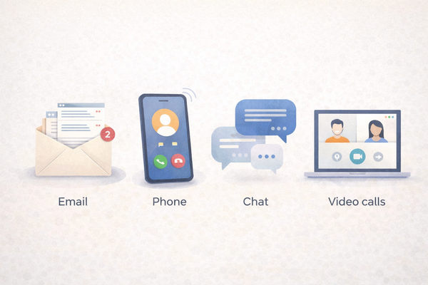 Illustration comparing email, phone calls, chat messages, and video calls as communication methods
