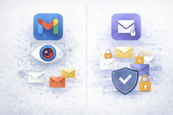 Illustration comparing Gmail’s data-driven email model with Proton Mail’s privacy-focused approach