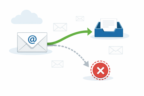 Illustration showing an email being forwarded successfully to one inbox while another forwarding path fails