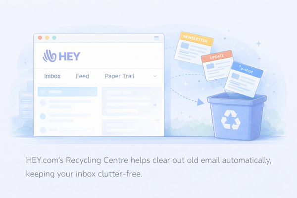 Illustration showing HEY.com’s inbox with newsletters and updates being moved into a recycling bin