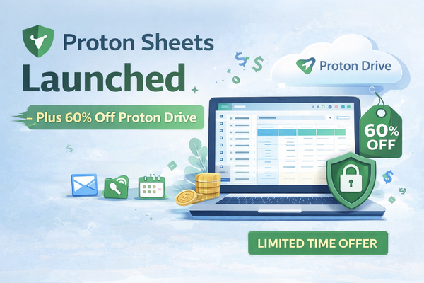 Illustration showing Proton Sheets integrated with Proton Drive, highlighting encrypted spreadsheets and a 60% discount offer.