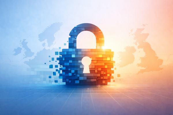Pixelated lock with warm sunrise lighting over a dotted map of Europe and the UK, symbolising digital privacy, sovereignty and control in 2026
