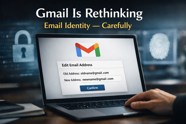 Illustration showing a Gmail inbox interface with a highlighted email address field, representing the ability to change a Gmail address while keeping the same account