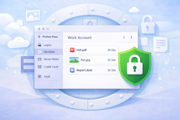 Illustration showing Proton Pass with secure file attachments stored inside an encrypted vault.